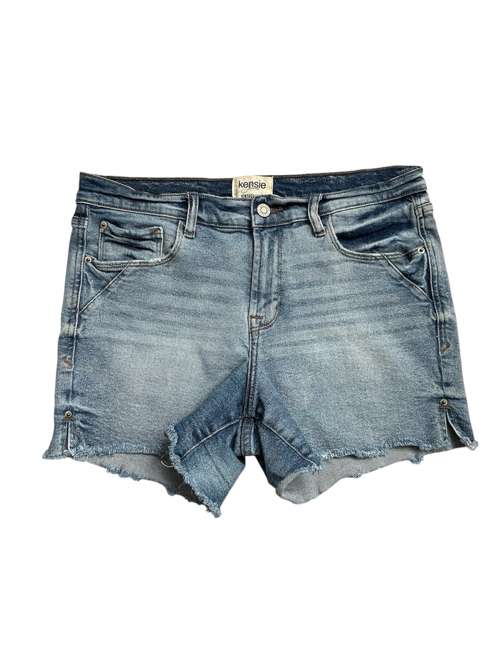 Kensie Vintage Luxe Rivet Distressed Frayed Hem Denim Shorts Size 8/29